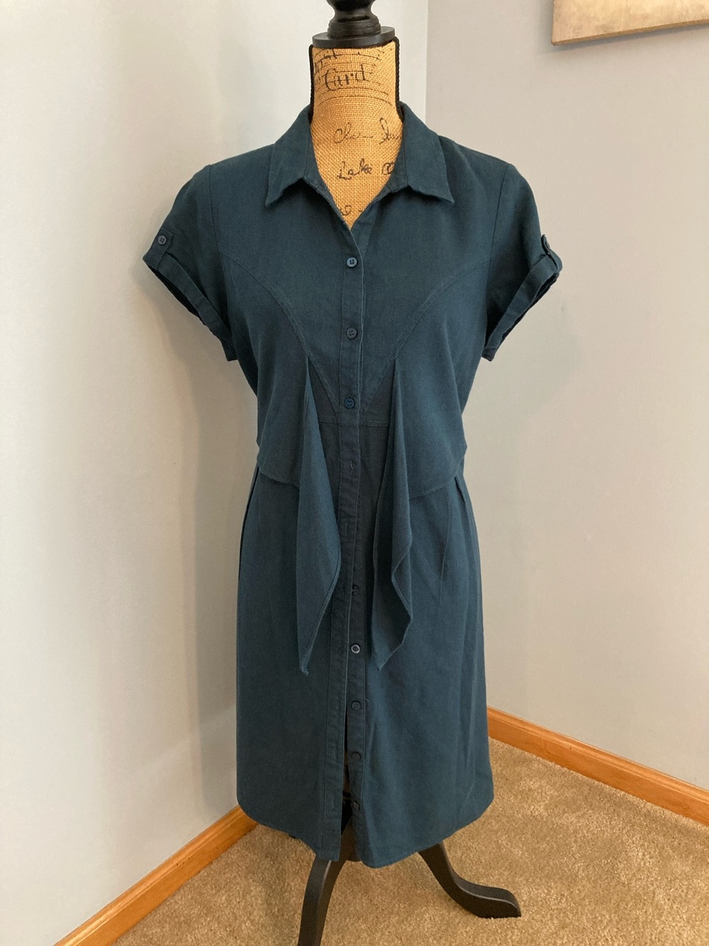 Button-Front Midi Shirt Dress Women Size Large Linen Blend by Ripe -- Biro Blue